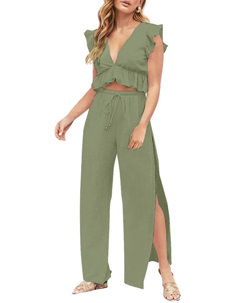 FANCYINN Womens 2 Pieces Outfits Deep V Neck Crop Top St Patricks Day Shirt Side Slit Drawstring Wide Leg Pants Set Jumpsuits Olive Green L - Image 1
